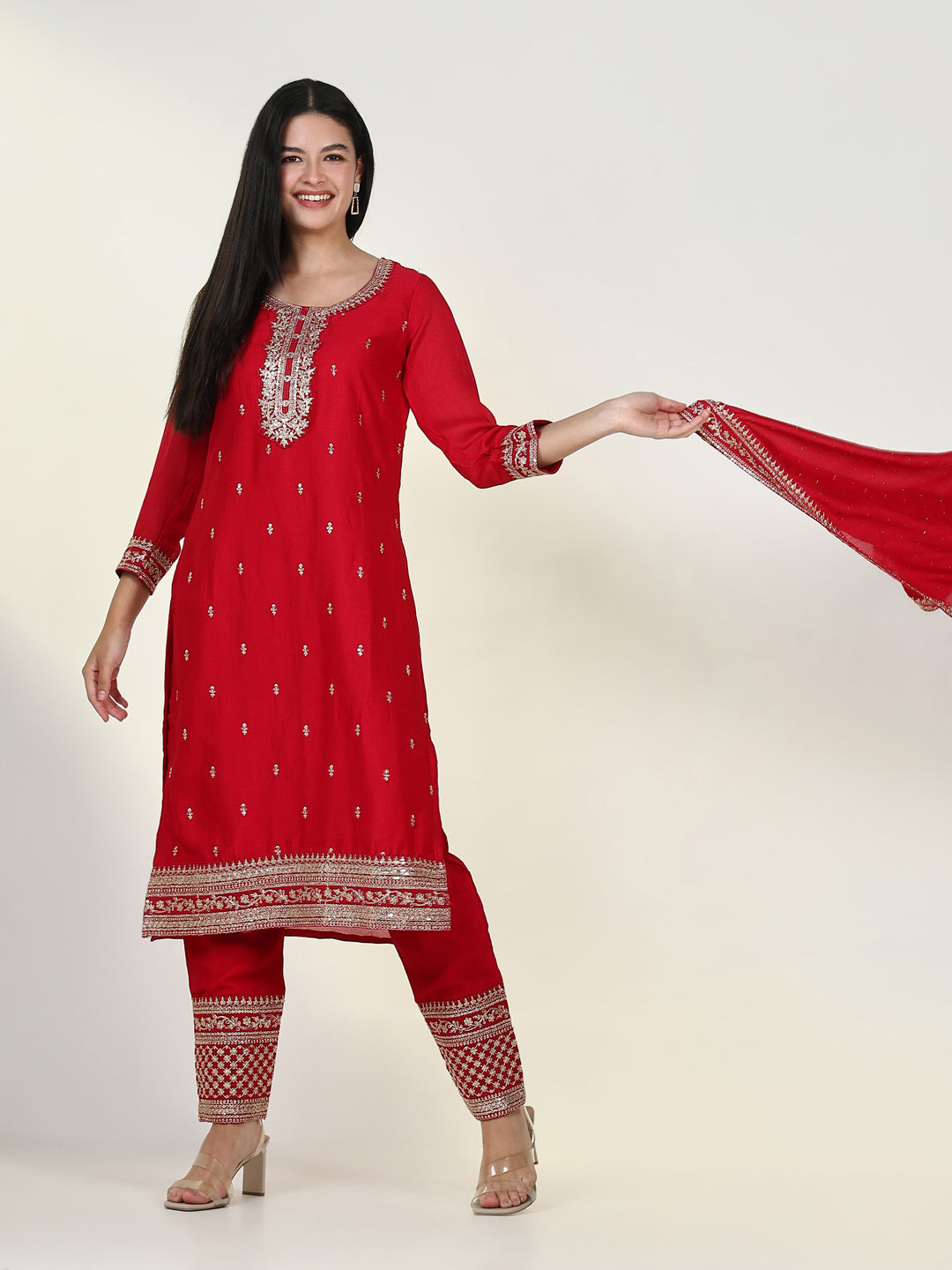 Women Embroidered Red Kurta Set with Dupatta