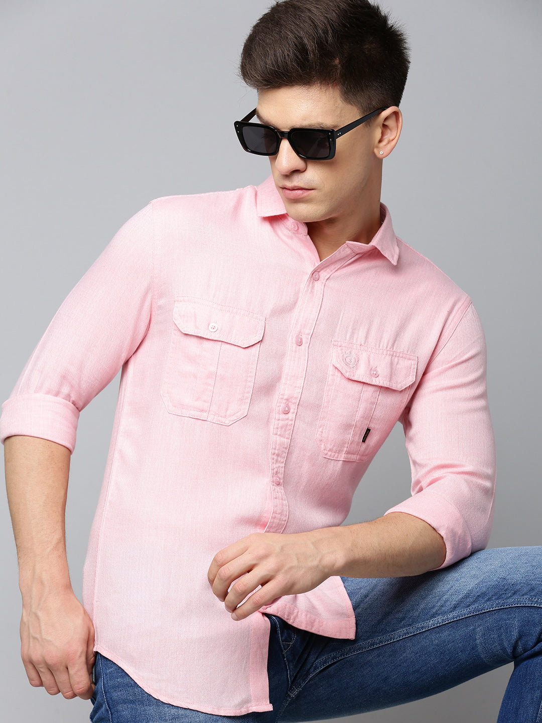 Men Spread Collar Self Design Peach Shirt