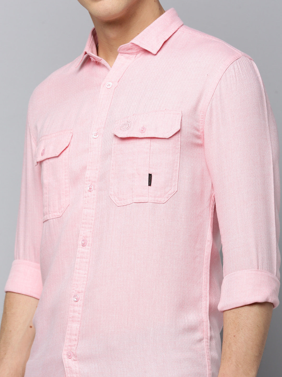 Men Spread Collar Self Design Peach Shirt