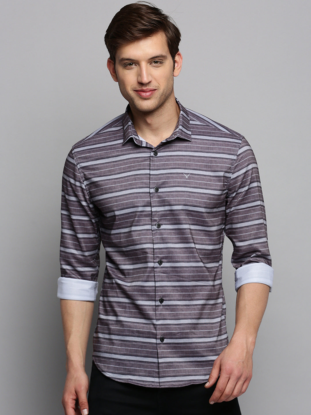 Men Spread Collar Striped Taupe Shirt