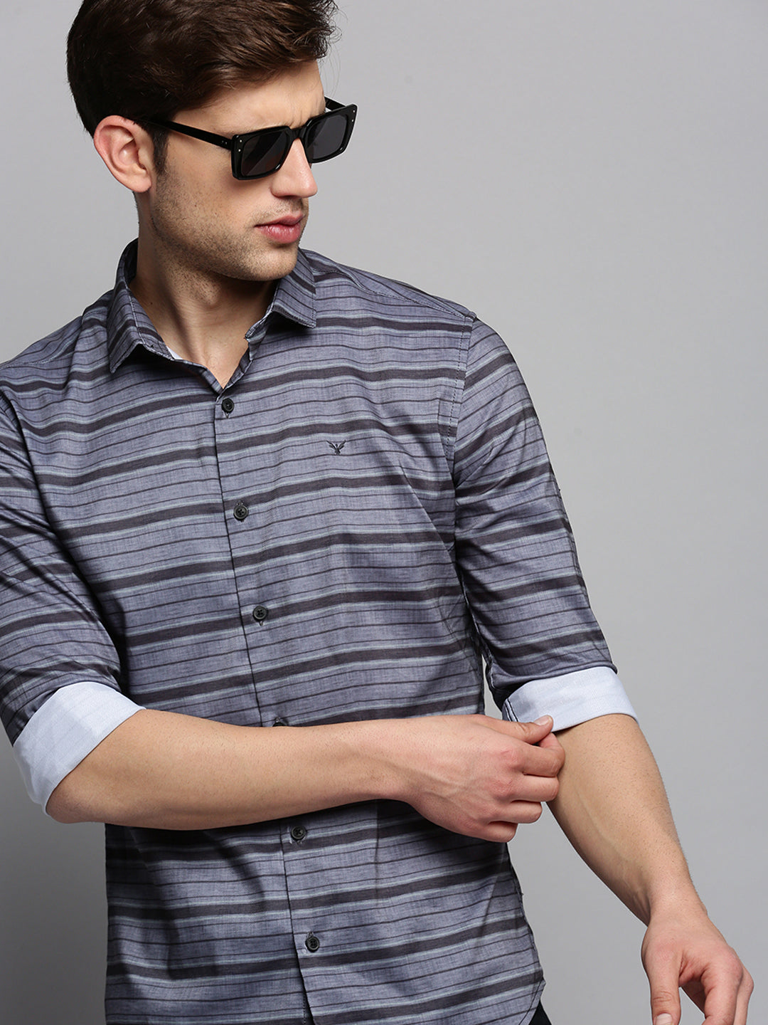 Men Spread Collar Striped Grey Shirt