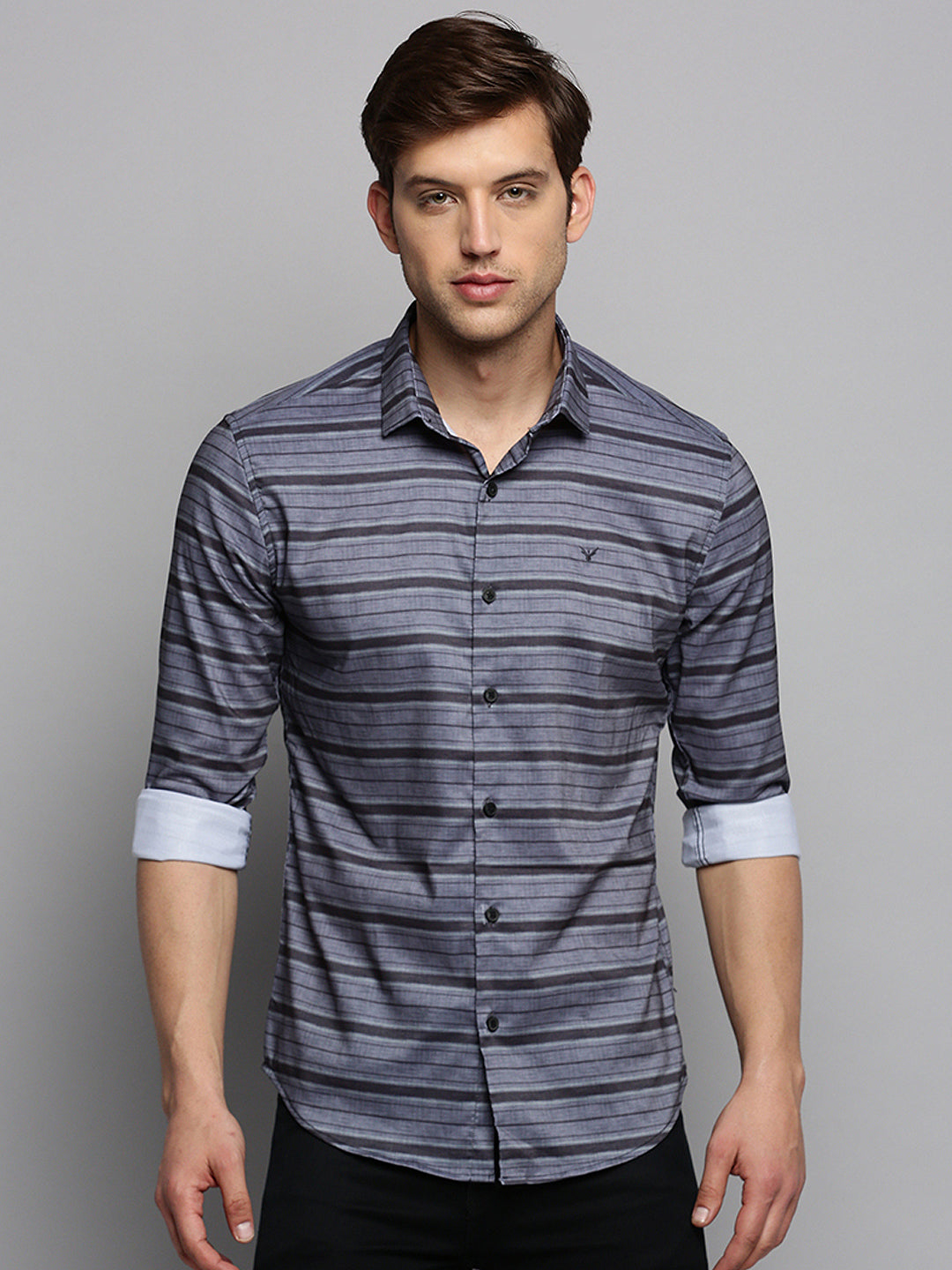 Men Spread Collar Striped Grey Shirt