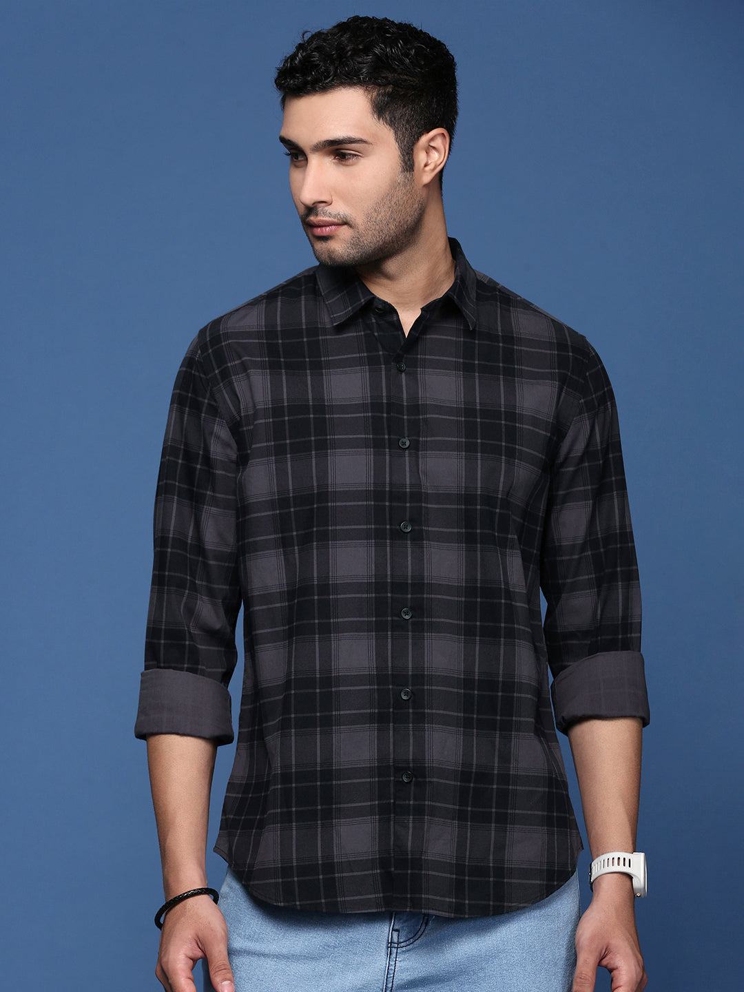 Men Checked Grey Slim Fit Shirt