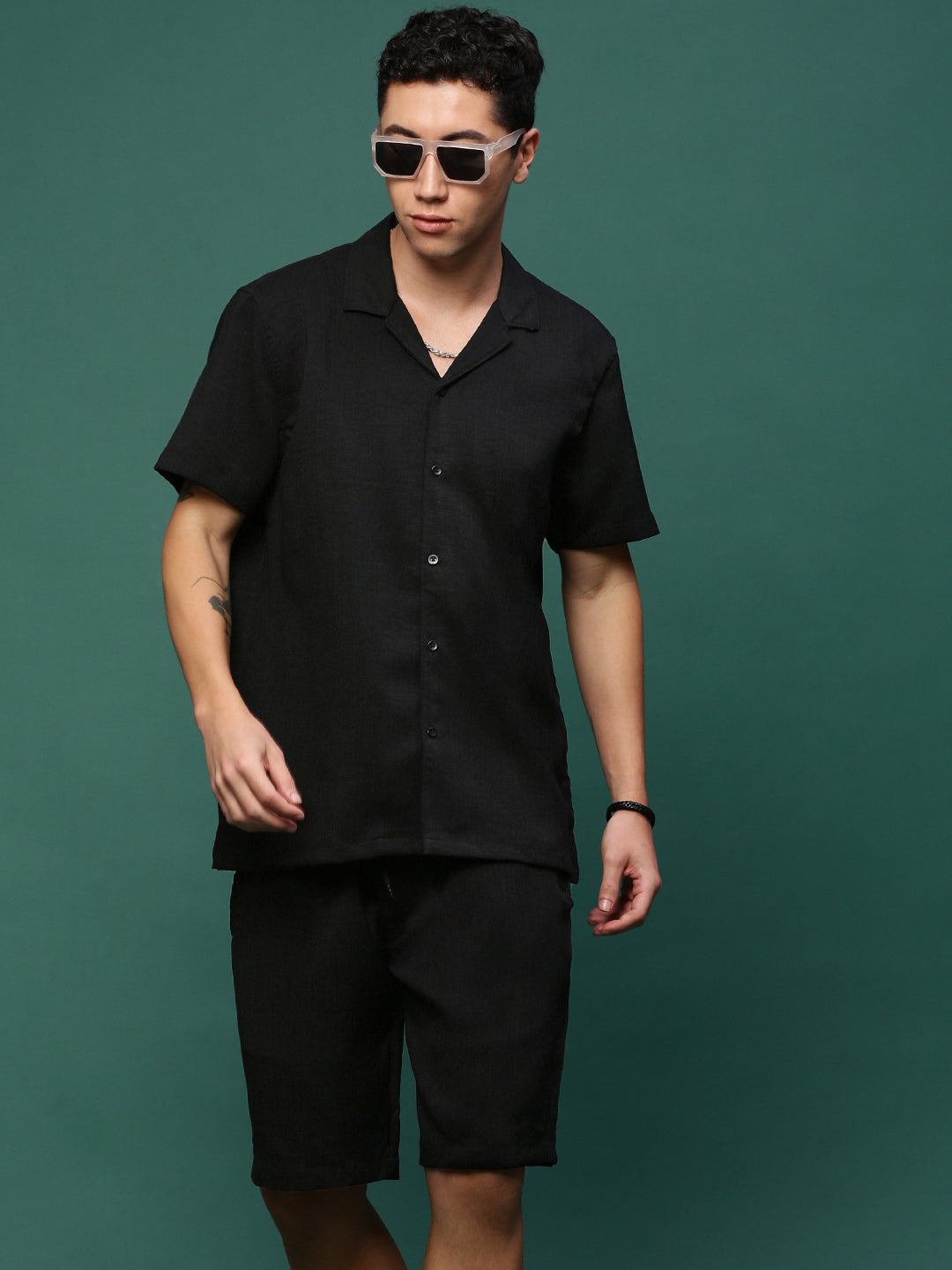 Men Black Cuban Collar Solid Co Ords Set