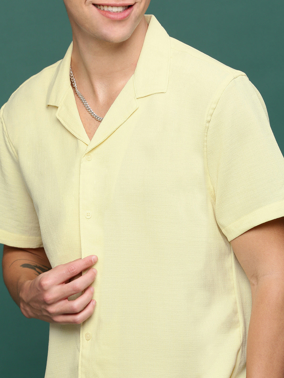 Men Yellow Cuban Collar Solid Co Ords Set