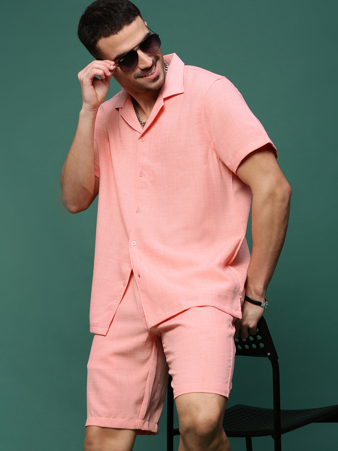 Men Peach Cuban Collar Solid Co Ords Set