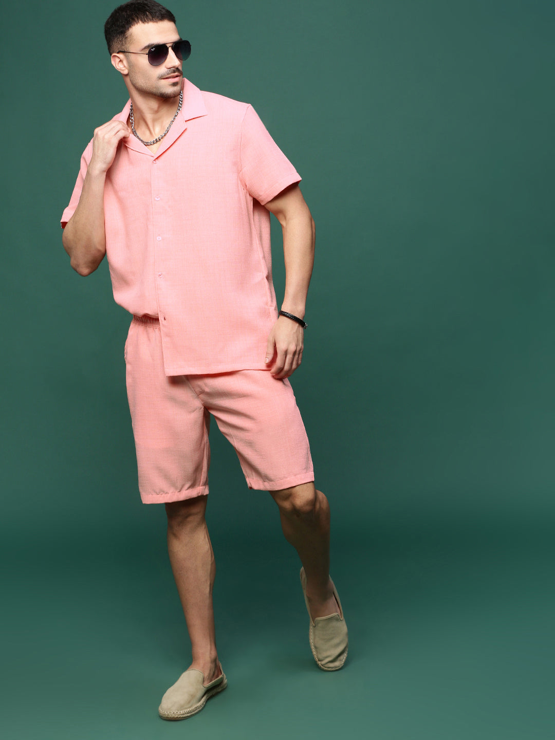 Men Peach Cuban Collar Solid Co Ords Set