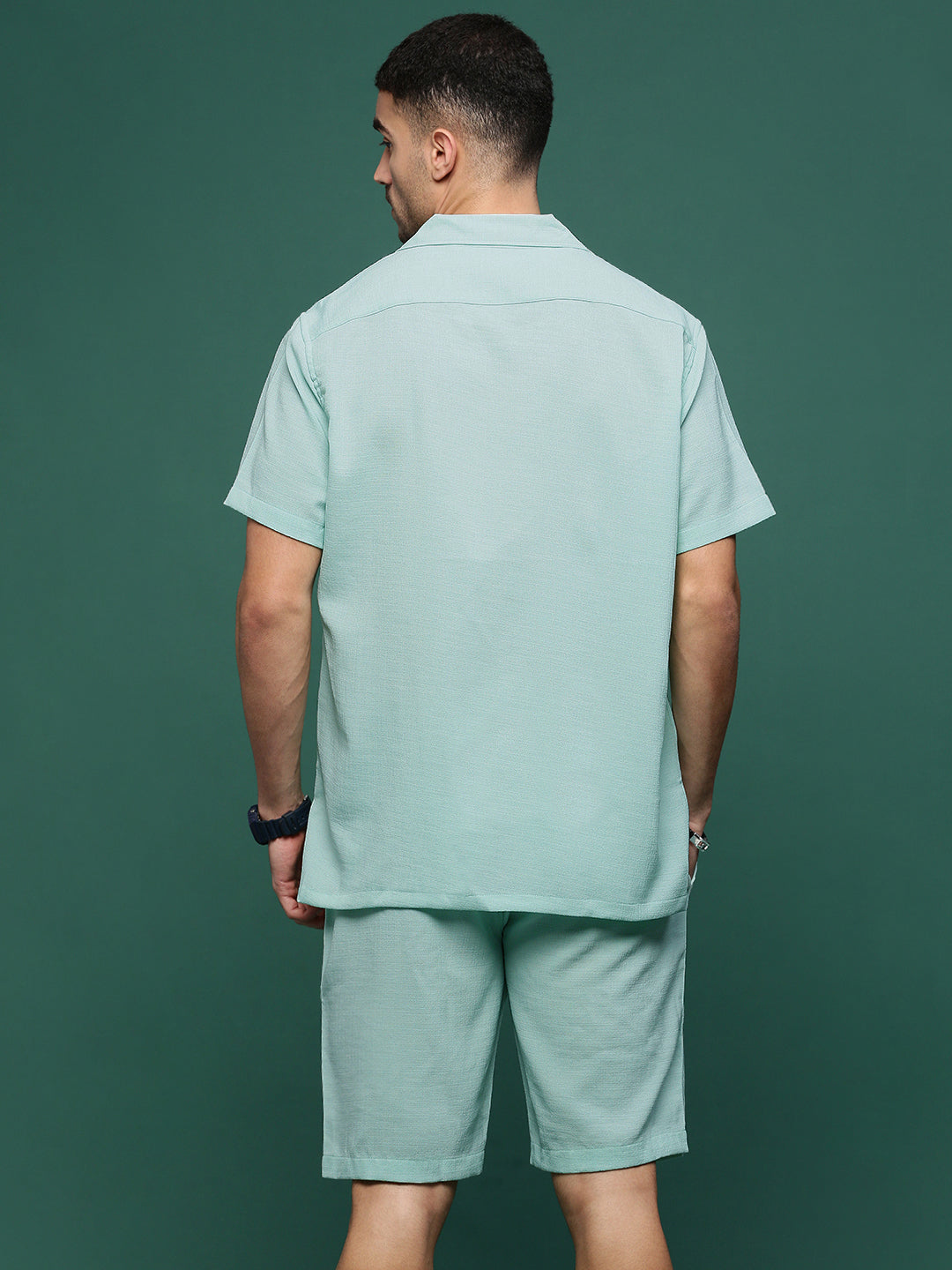 Men Sea Green Cuban Collar Solid Co Ords Set