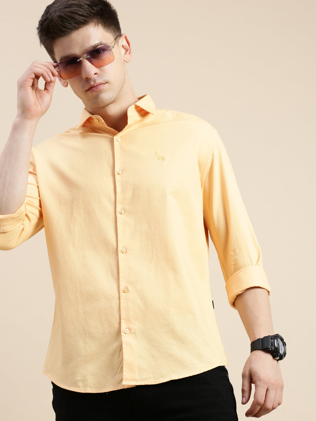 Men Spread Collar Solid Orange Shirt