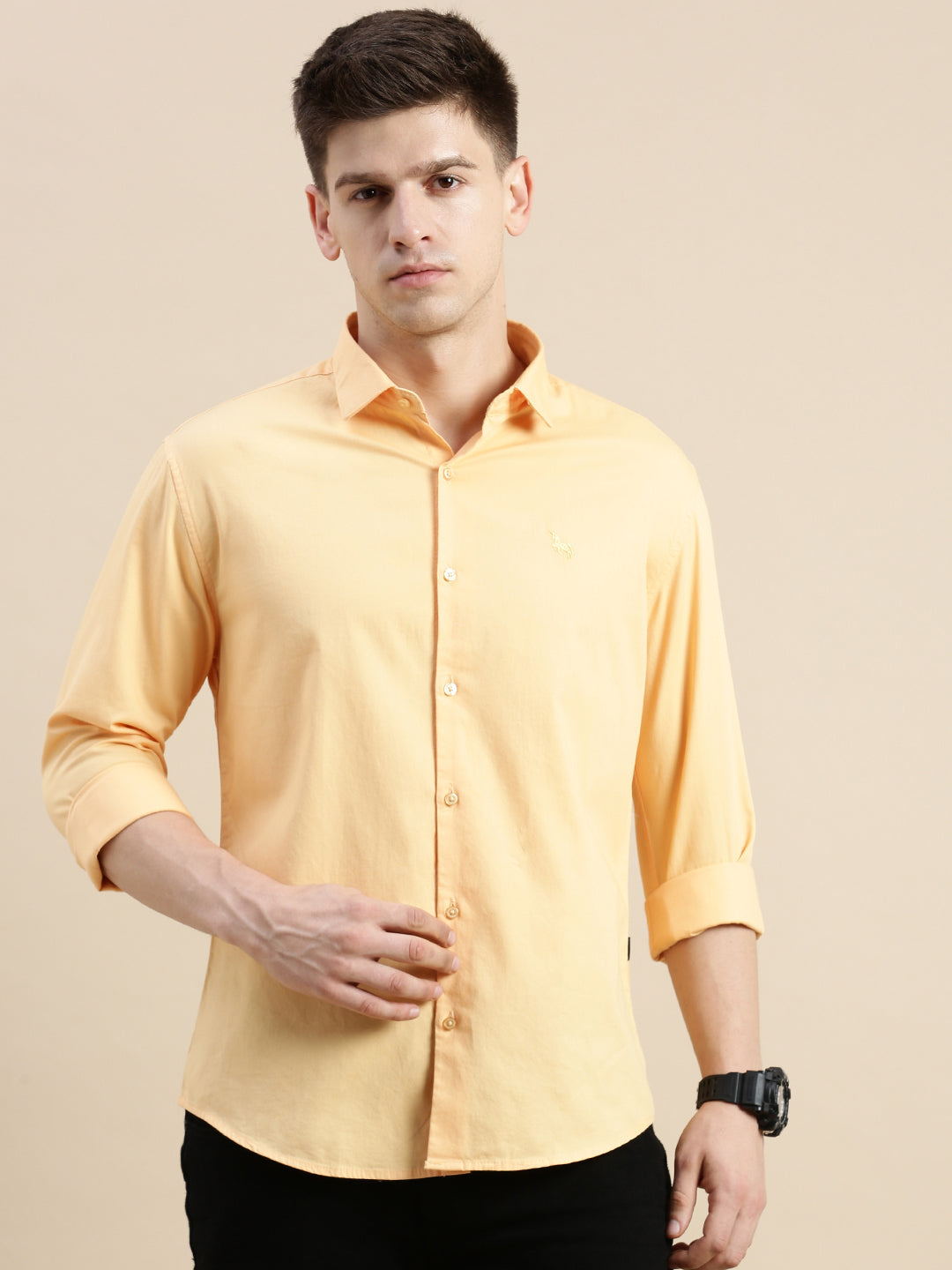 Men Spread Collar Solid Orange Shirt