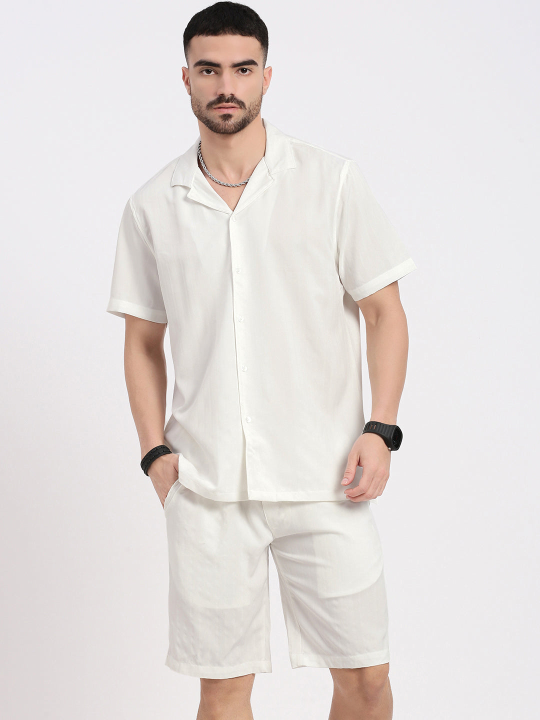 Men White Solid Co Ords Set