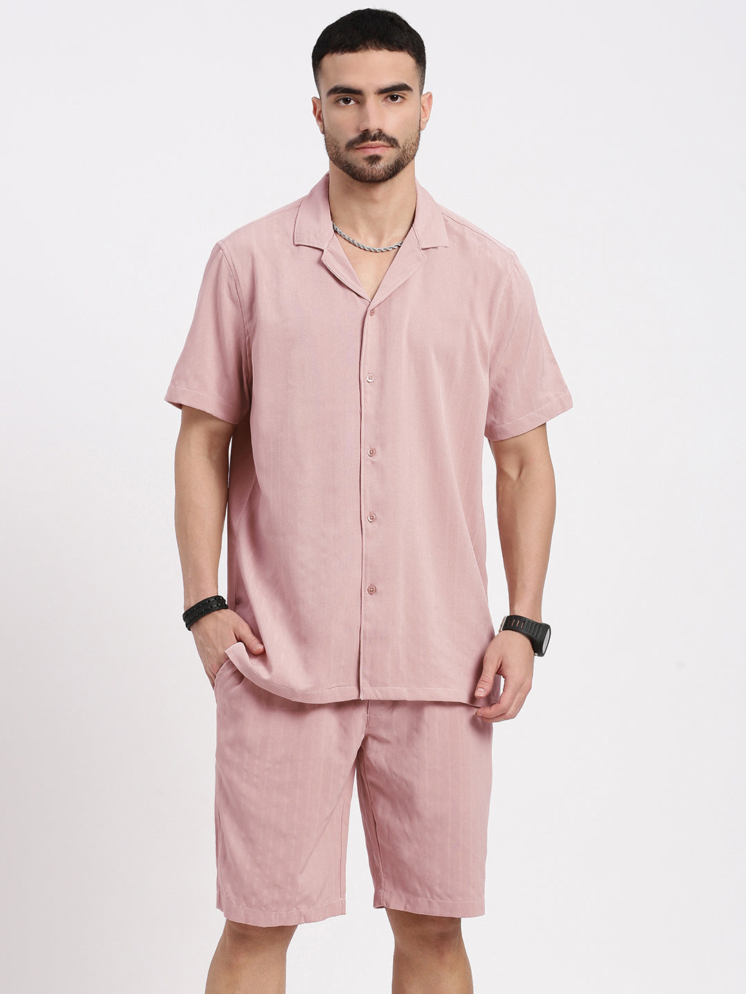 Men Peach Solid Co Ords Set