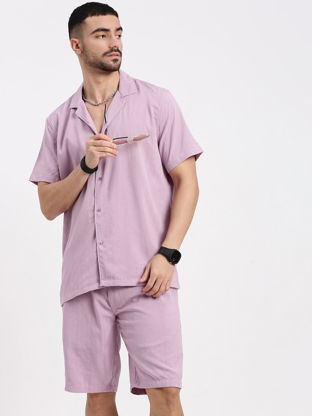 Men Lavender Solid Co Ords Set