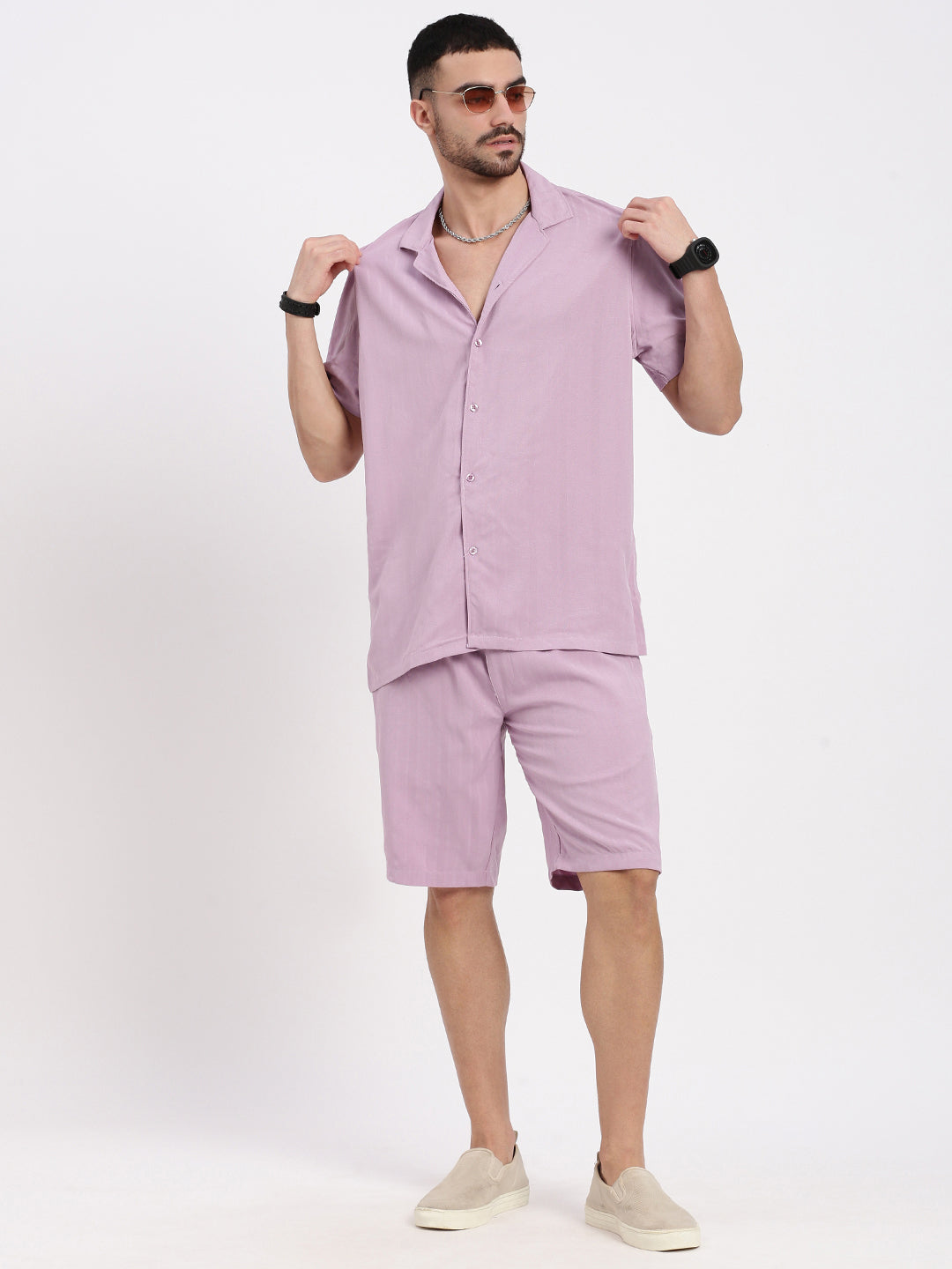 Men Lavender Solid Co Ords Set