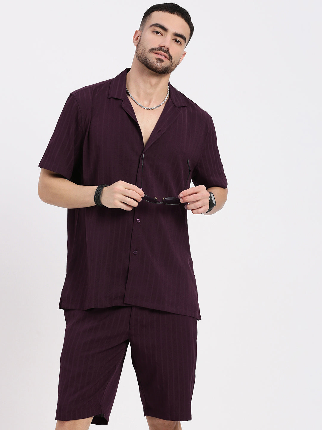 Men Purple Solid Co Ords Set