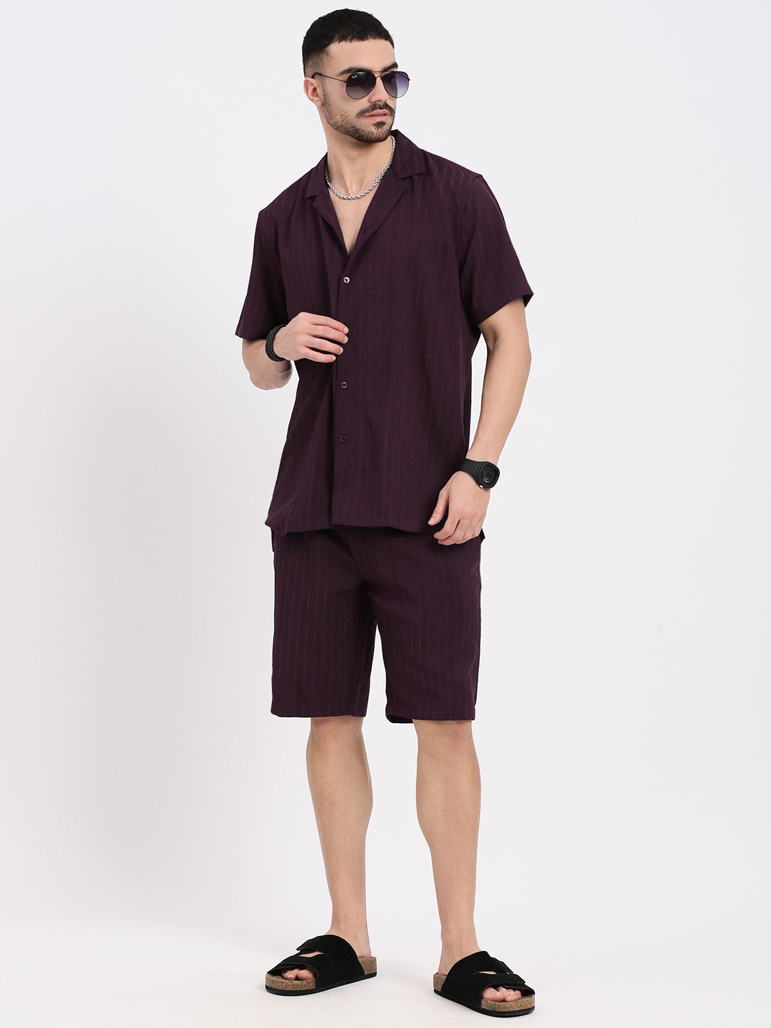 Men Purple Solid Co Ords Set