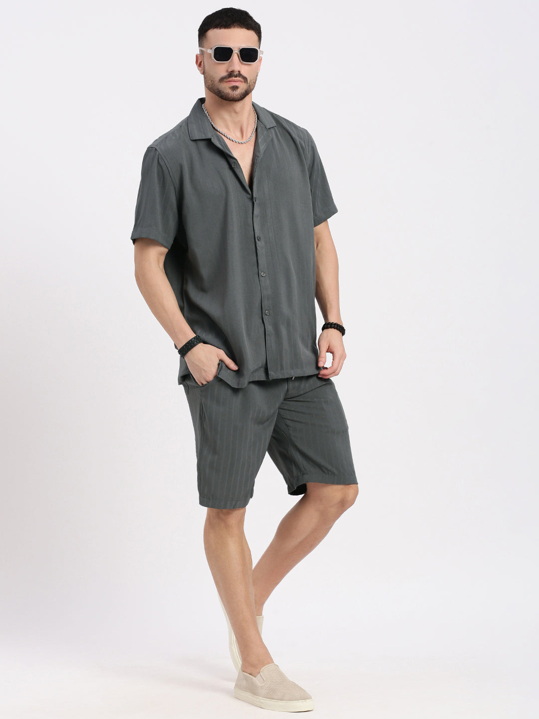 Men Grey Solid Co Ords Set