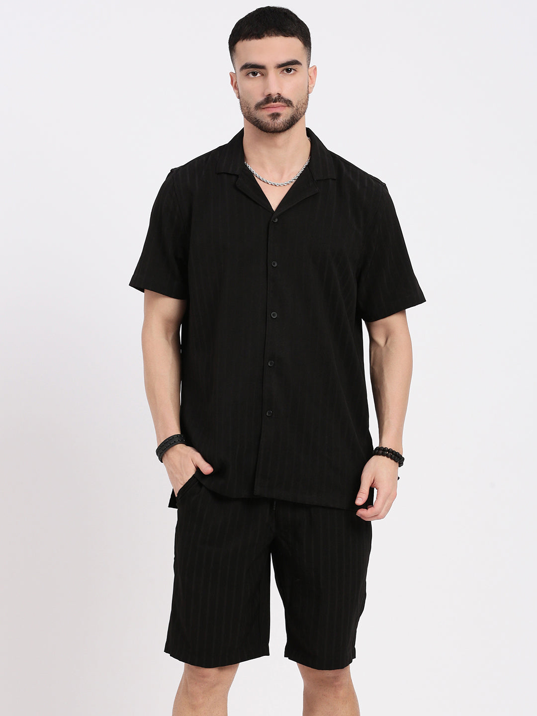 Men Black Solid Co Ords Set