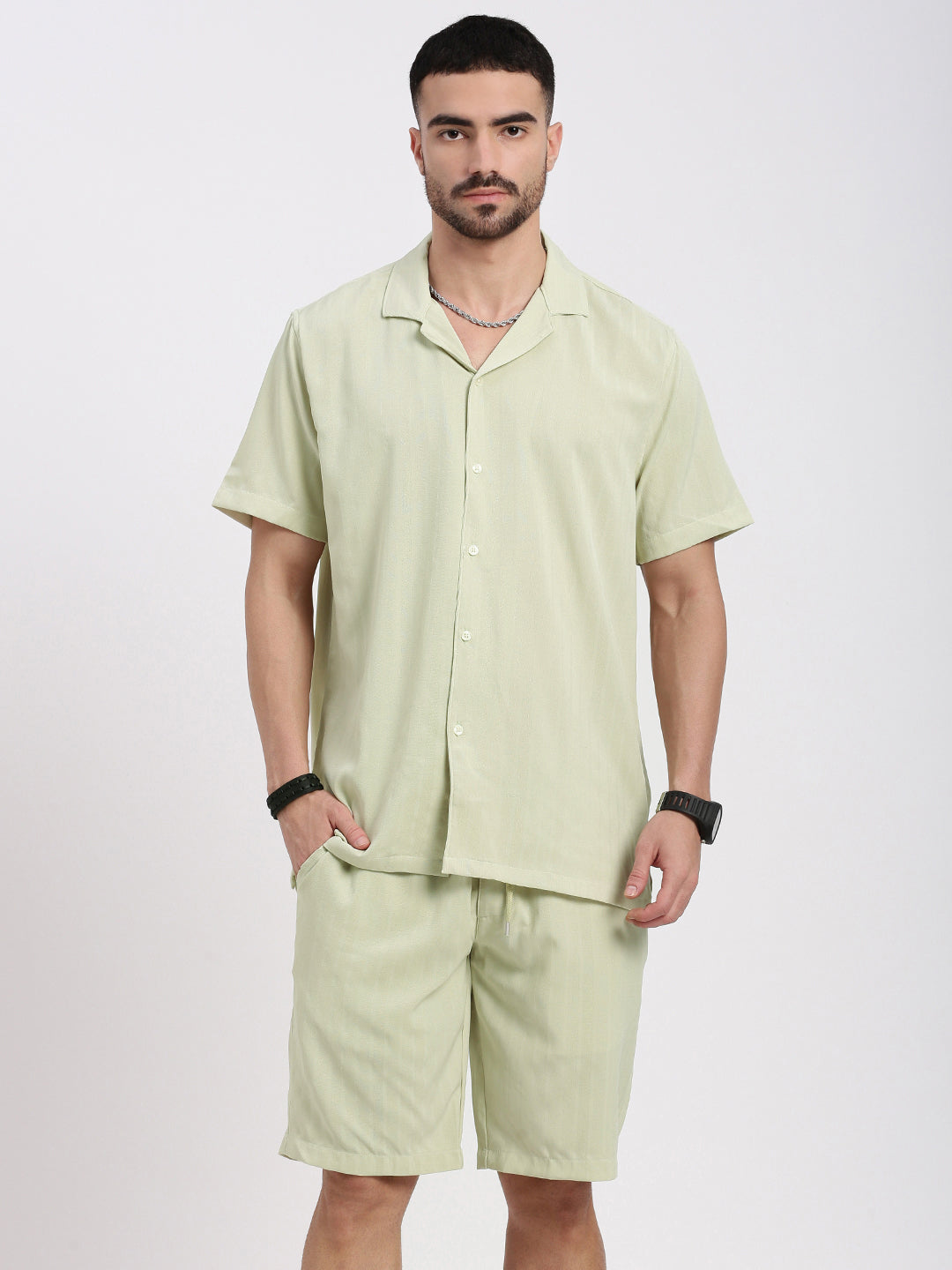 Men Green Solid Co Ords Set