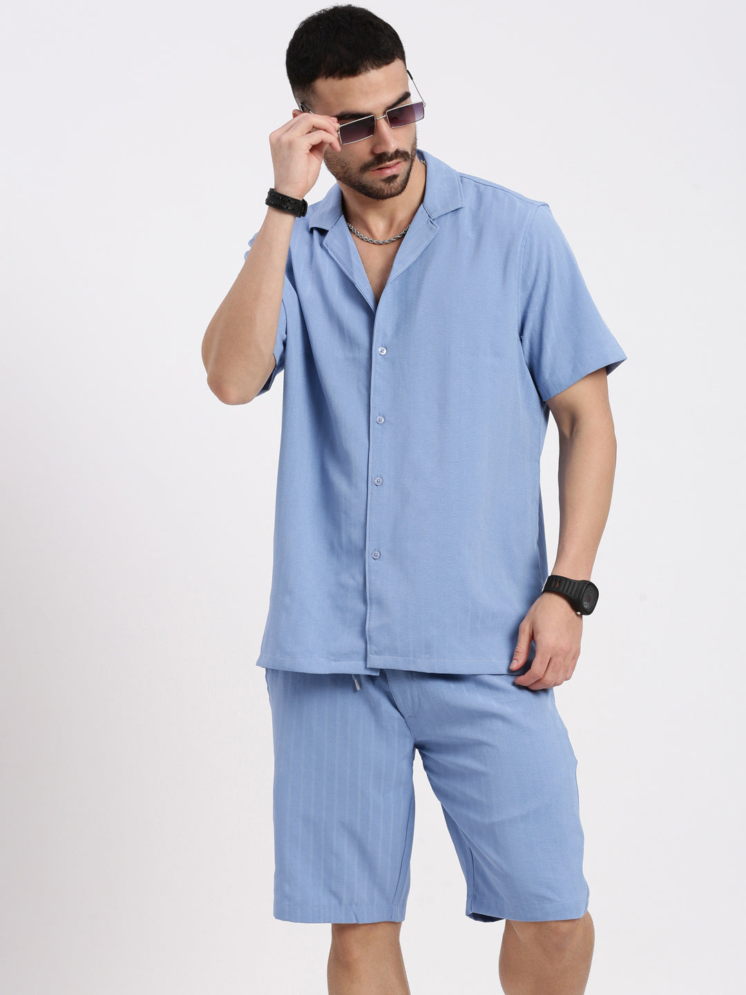 Men Blue Solid Co Ords Set