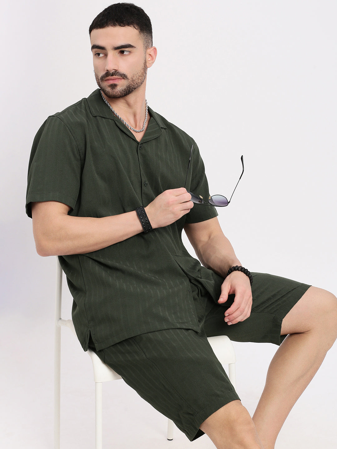 Men Olive Solid Co Ords Set