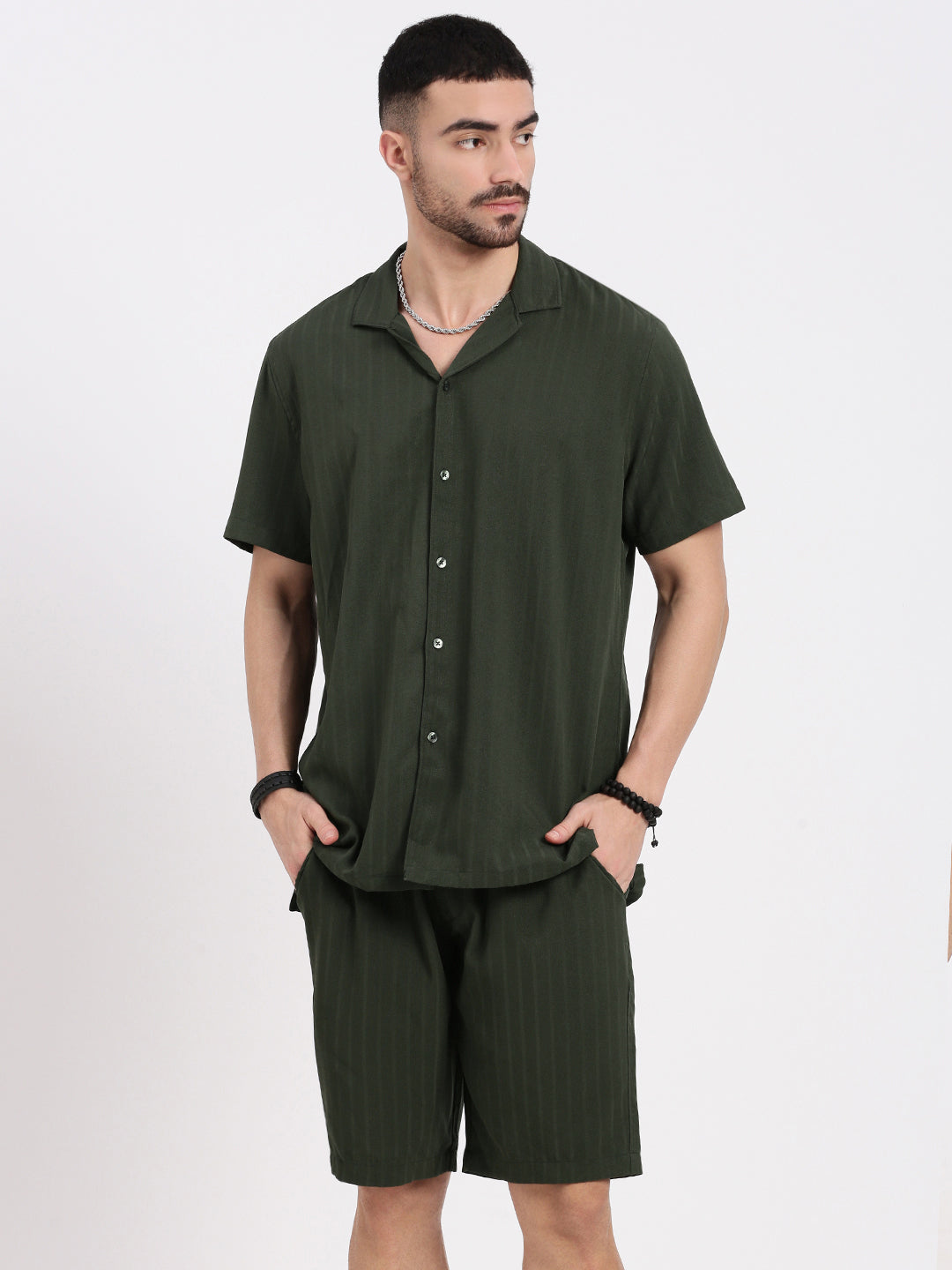 Men Olive Solid Co Ords Set