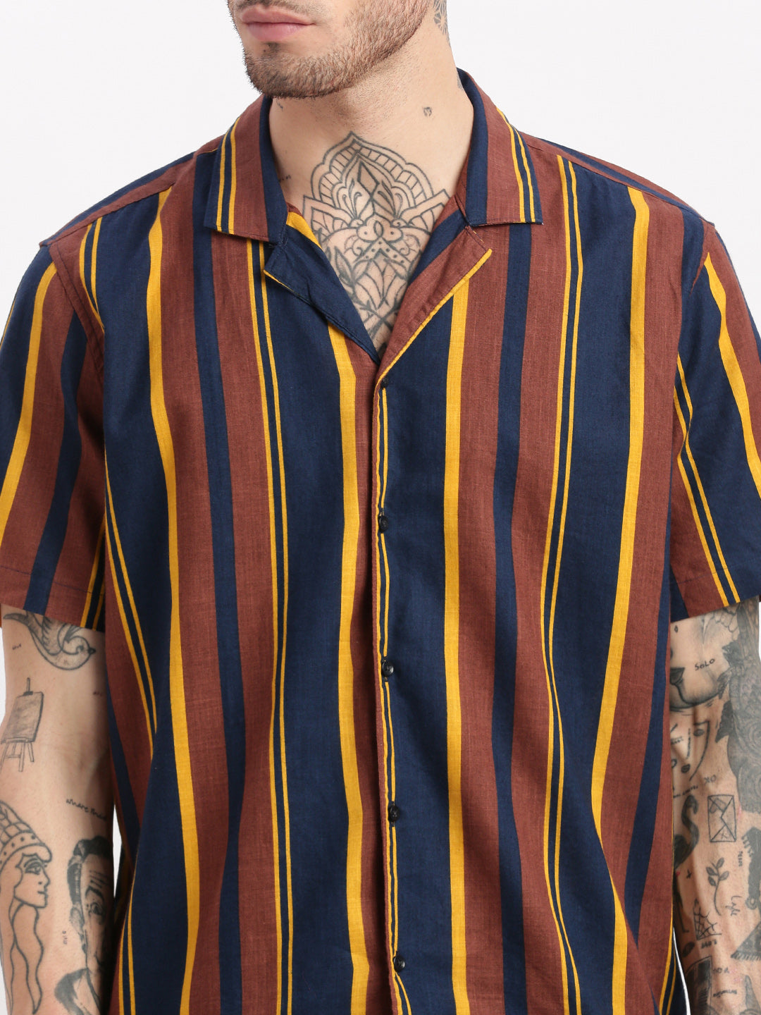 Men Vertical Stripes Cuban Collar Brown Co-Ords Set