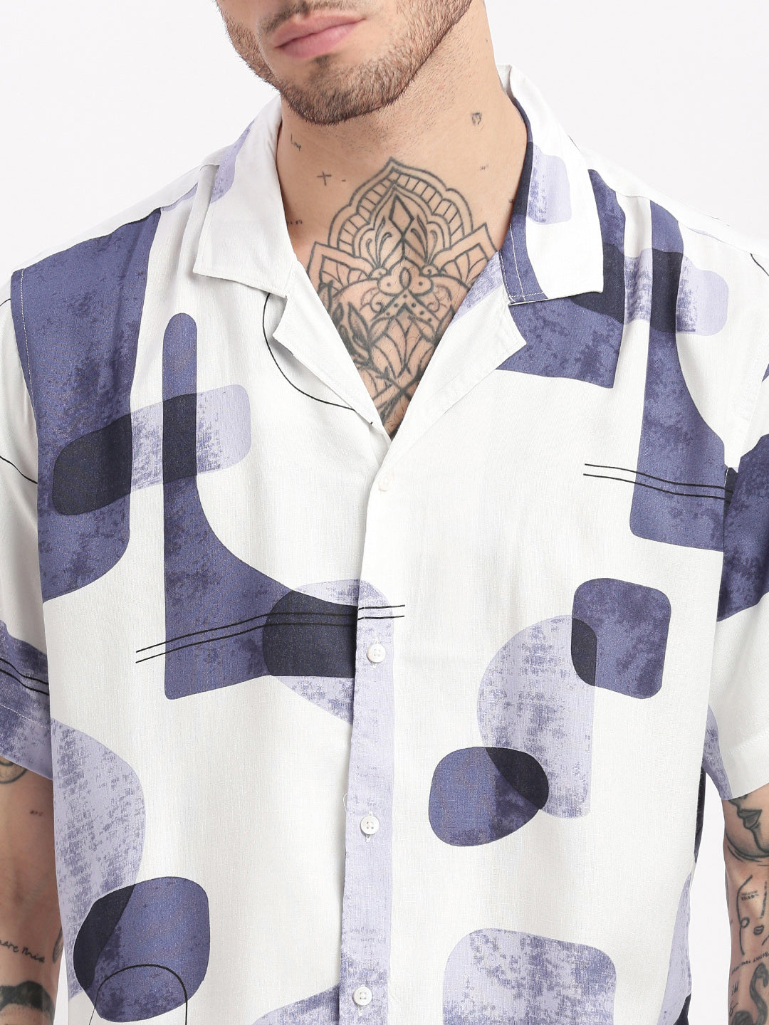 Men Abstract Cuban Collar White Co-Ords Set