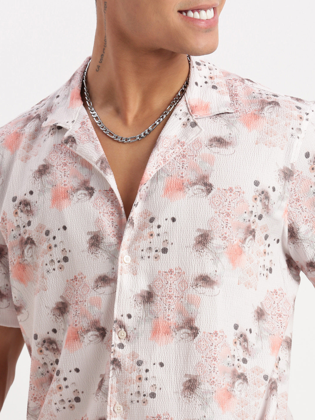 Men Cuban Collar Abstract Off White Shirt