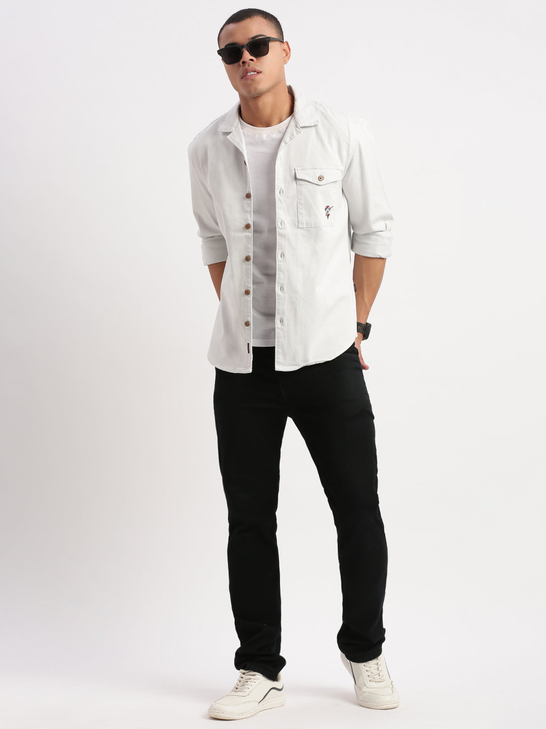 Men Cuban Collar Solid White Oversized Shacket Shirt