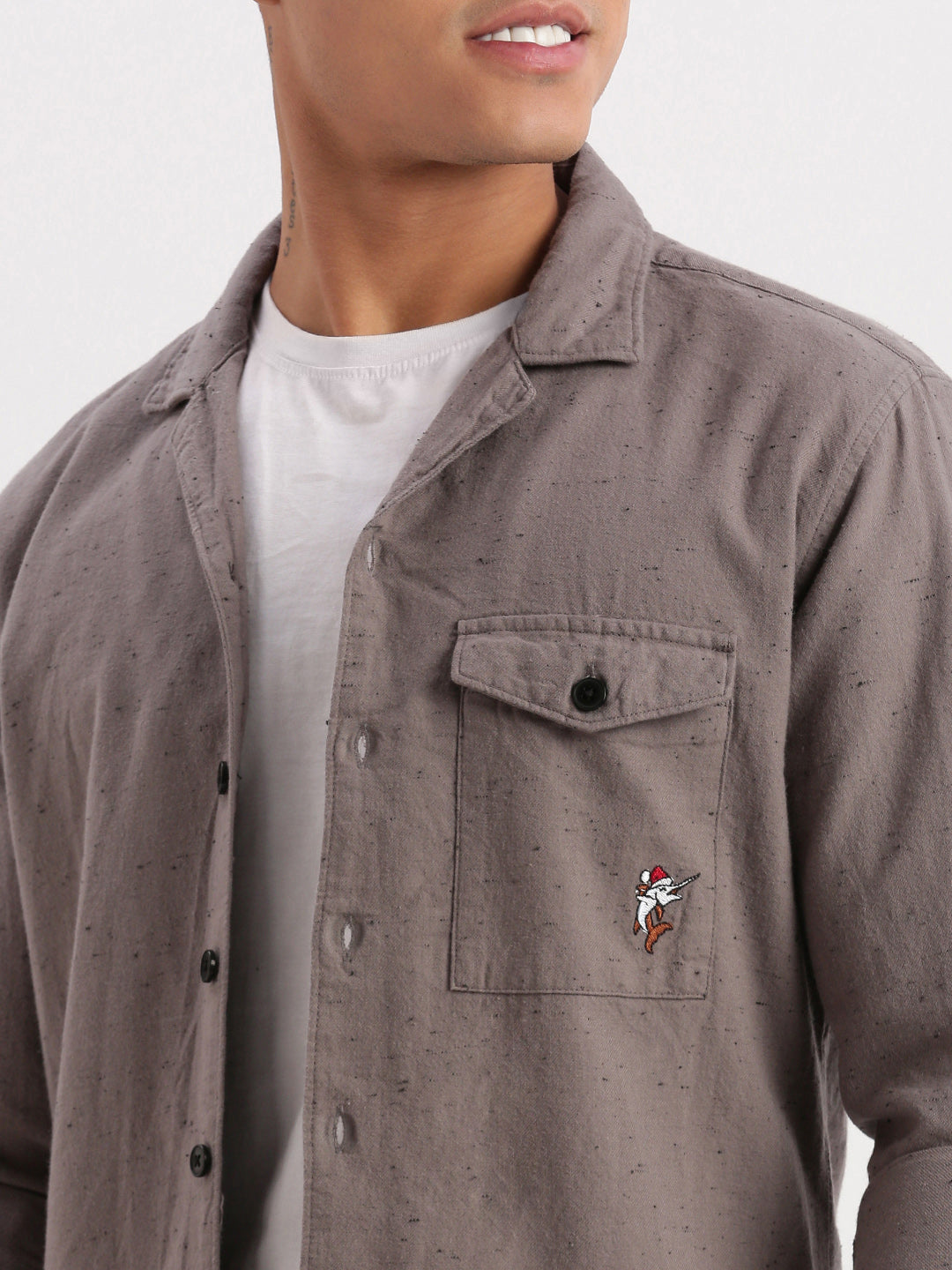 Men Cuban Collar Solid Grey Oversized Shacket Shirt