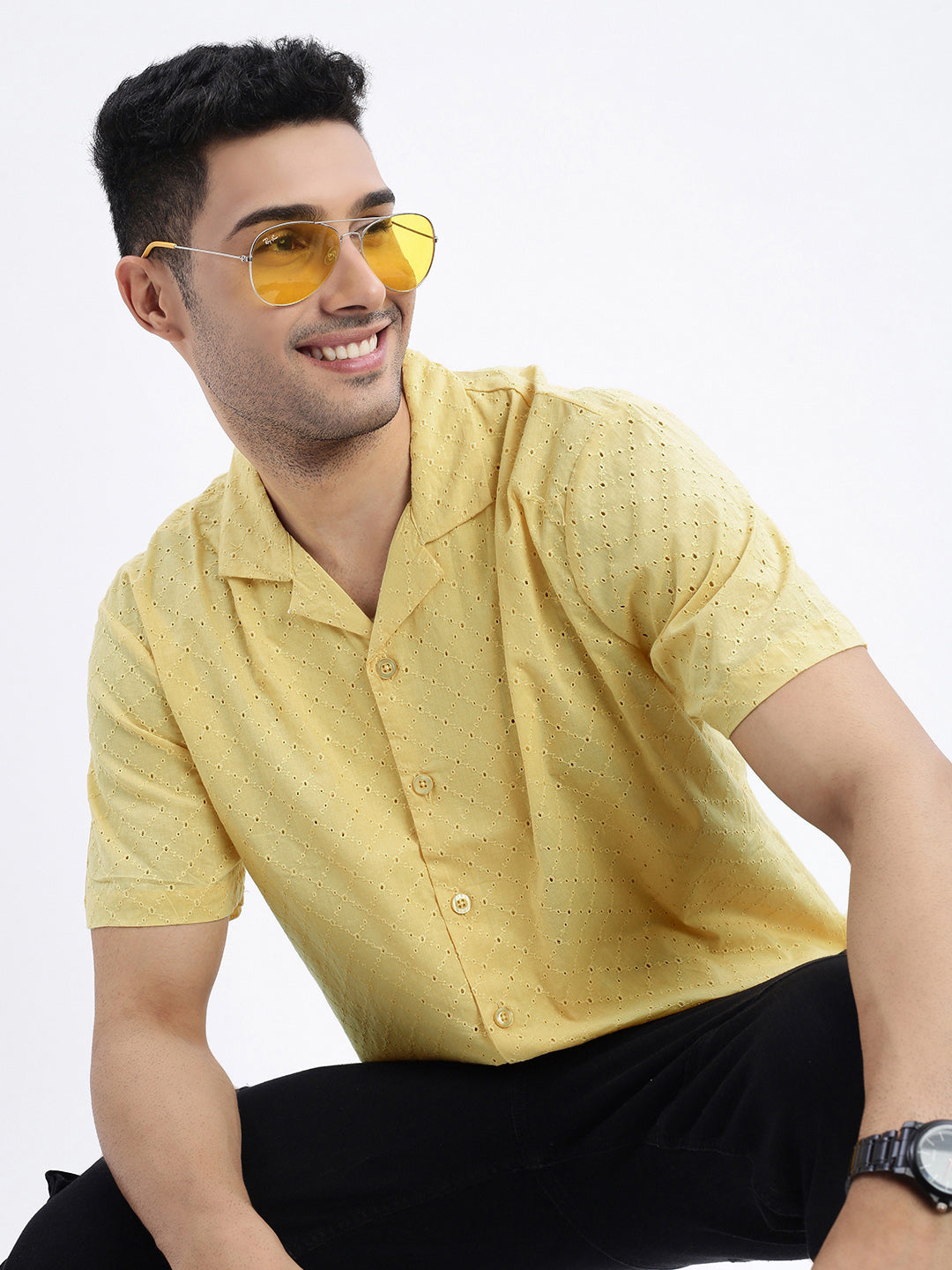 Men Yellow Cuban Collar Solid Shirt