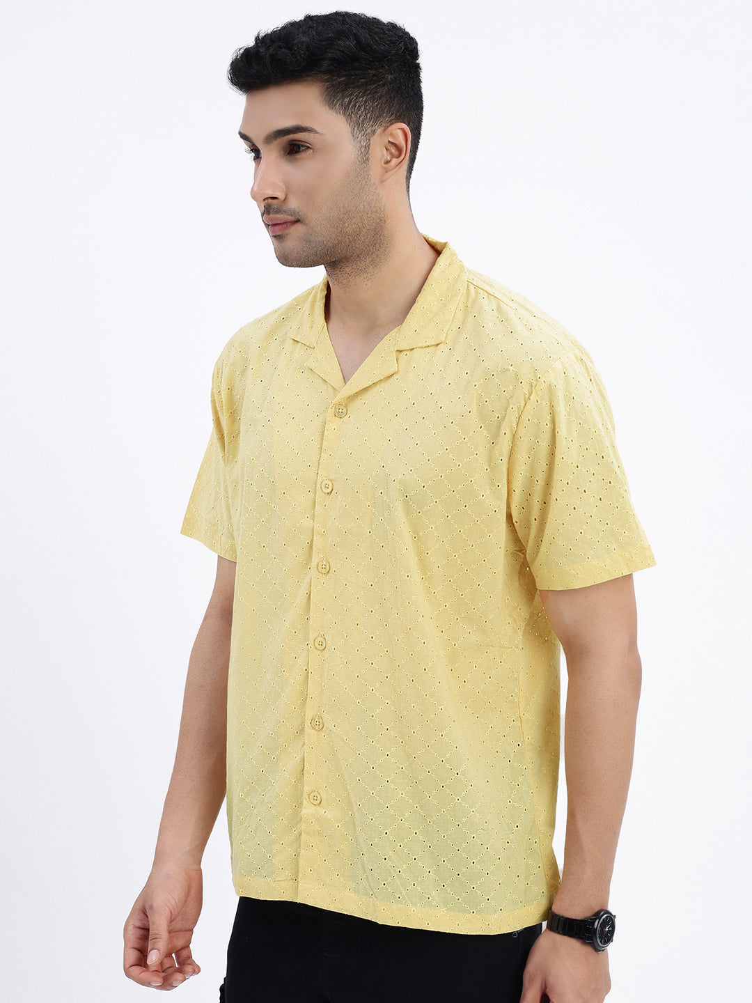 Men Yellow Cuban Collar Solid Shirt