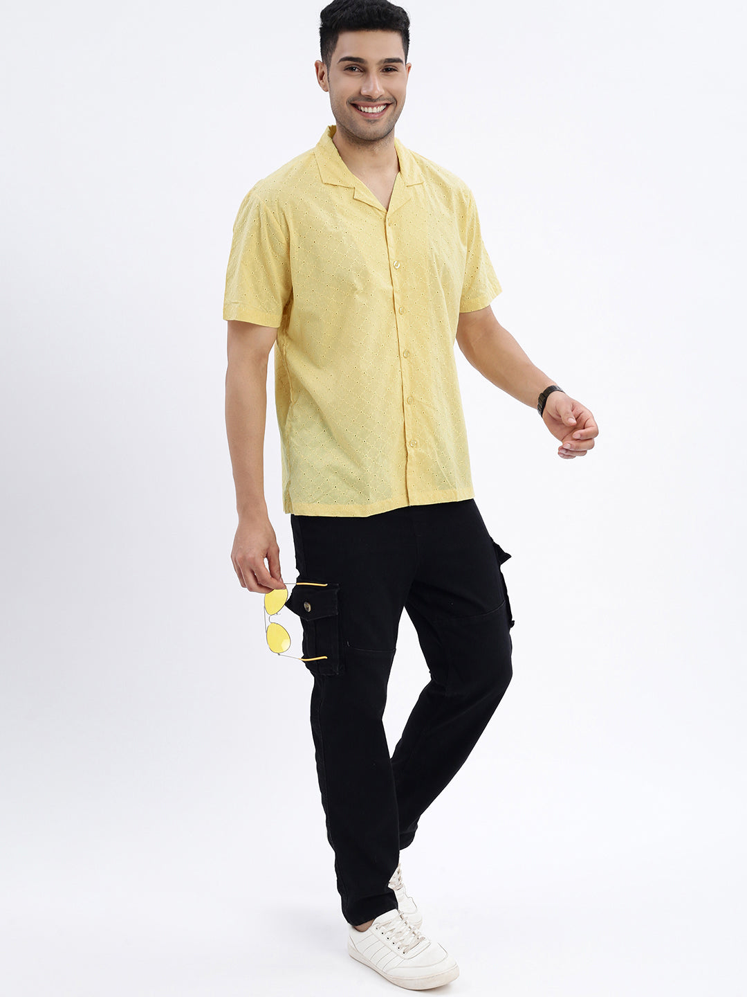 Men Yellow Cuban Collar Solid Shirt