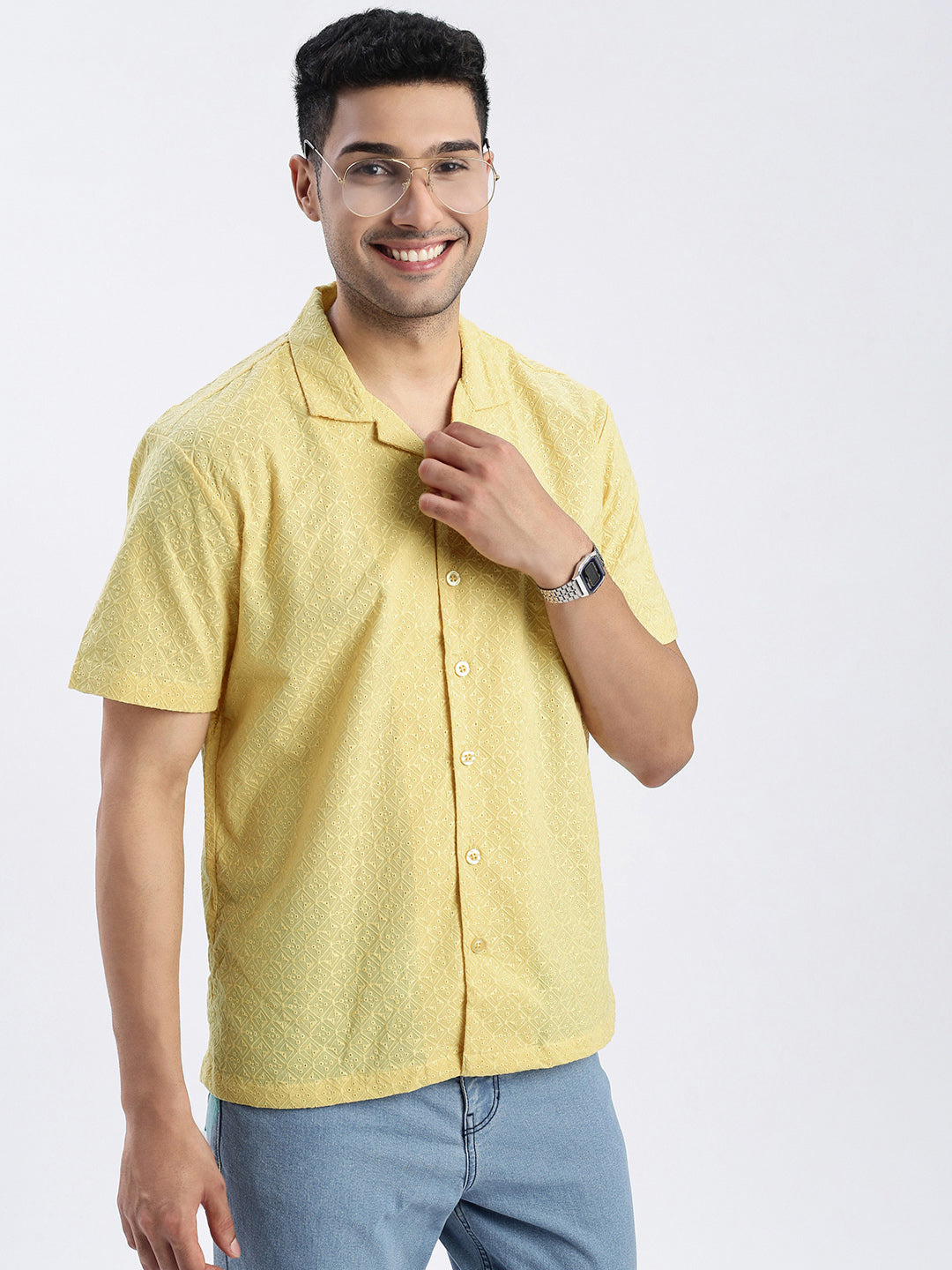 Men Yellow Cuban Collar Solid Shirt