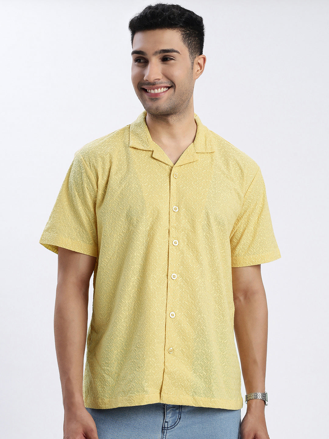 Men Yellow Cuban Collar Solid Shirt