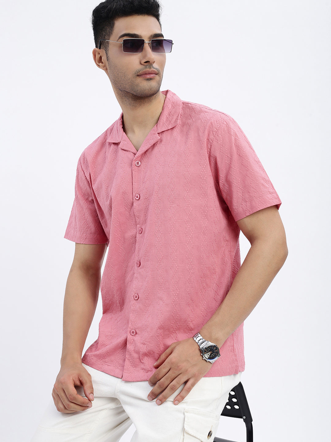 Men Pink Cuban Collar Solid Shirt