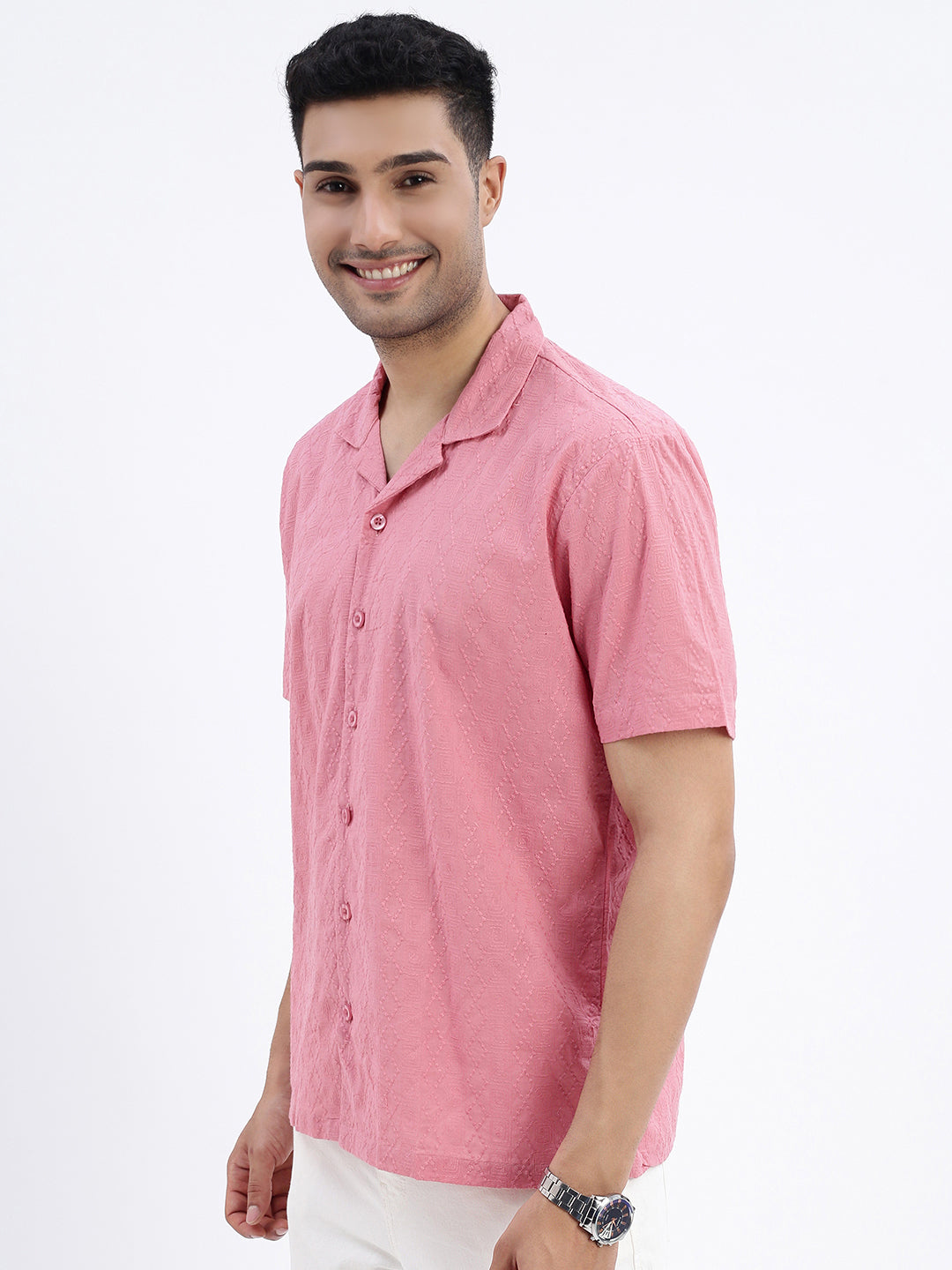 Men Pink Cuban Collar Solid Shirt