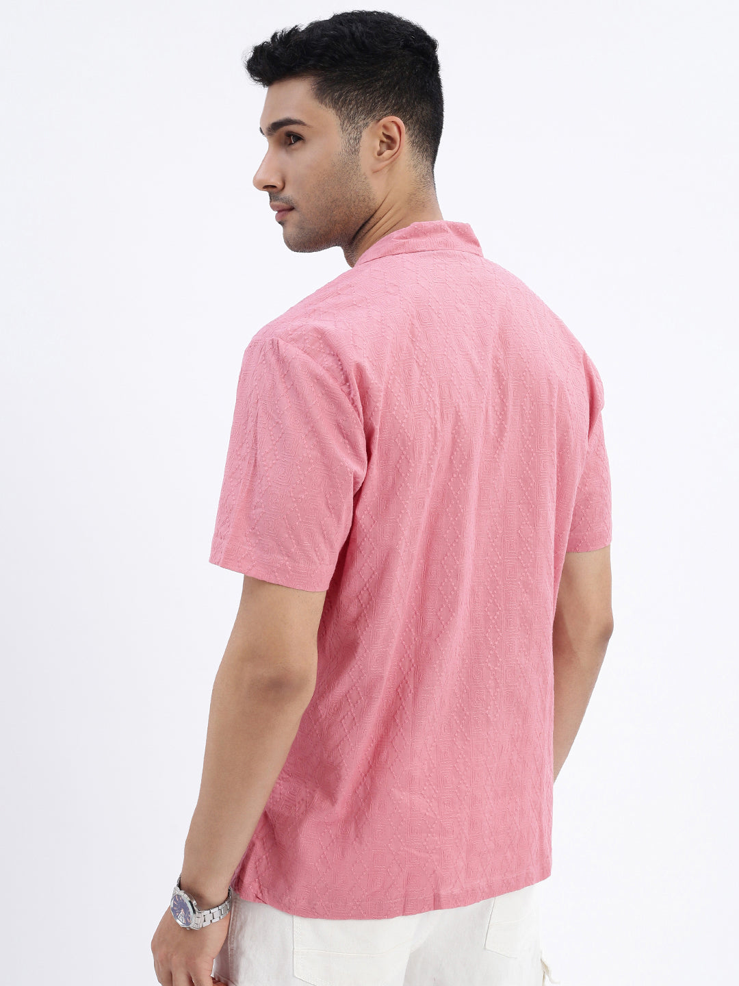 Men Pink Cuban Collar Solid Shirt