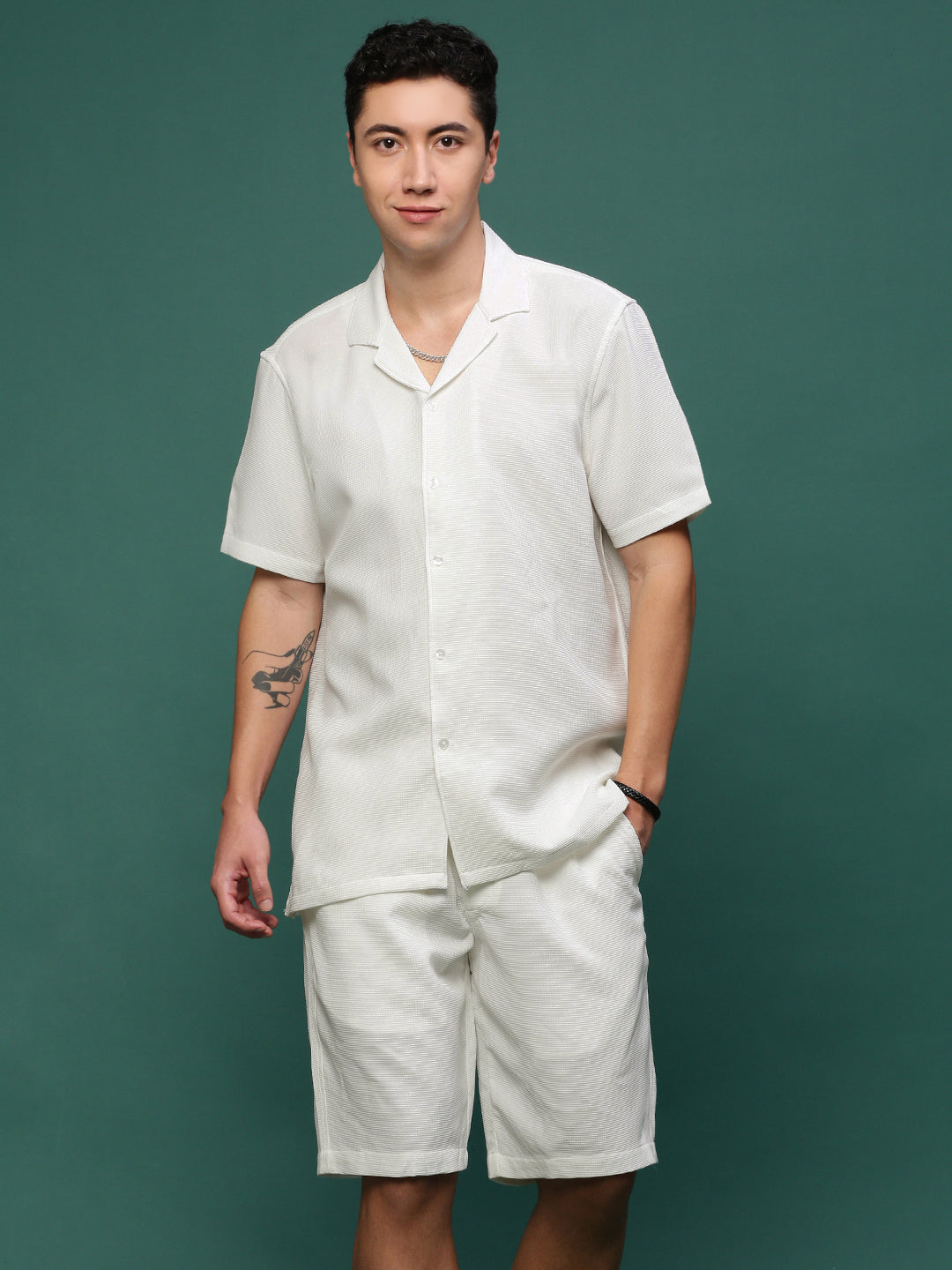 Men White Cuban Collar Solid Co Ords Set