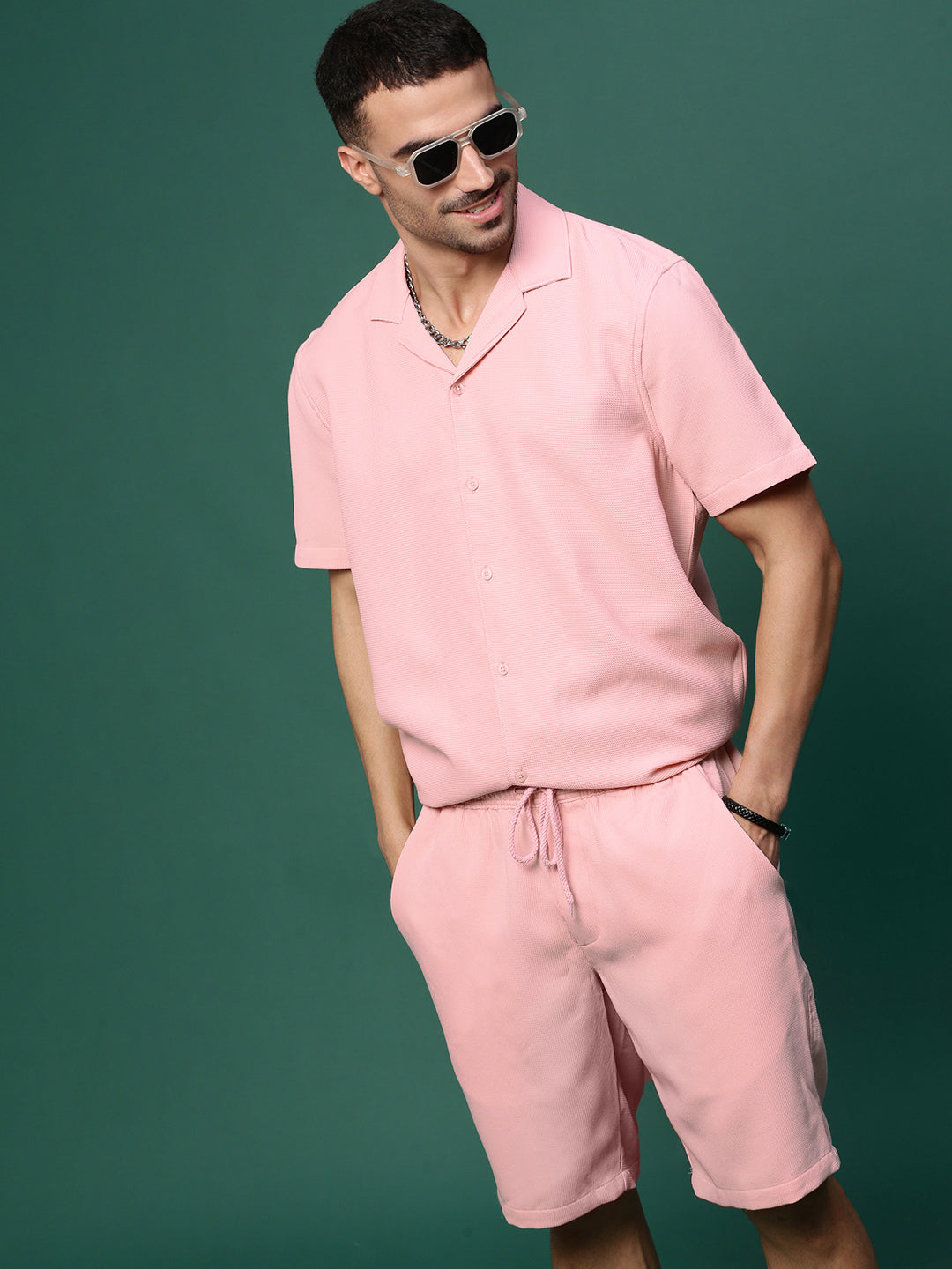 Men Pink Cuban Collar Solid Co Ords Set