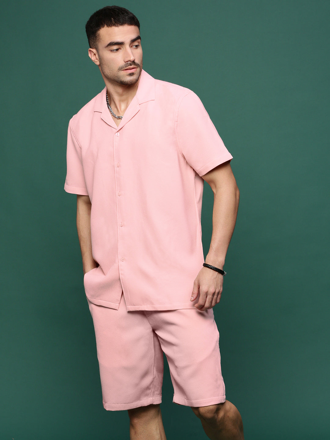 Men Pink Cuban Collar Solid Co Ords Set