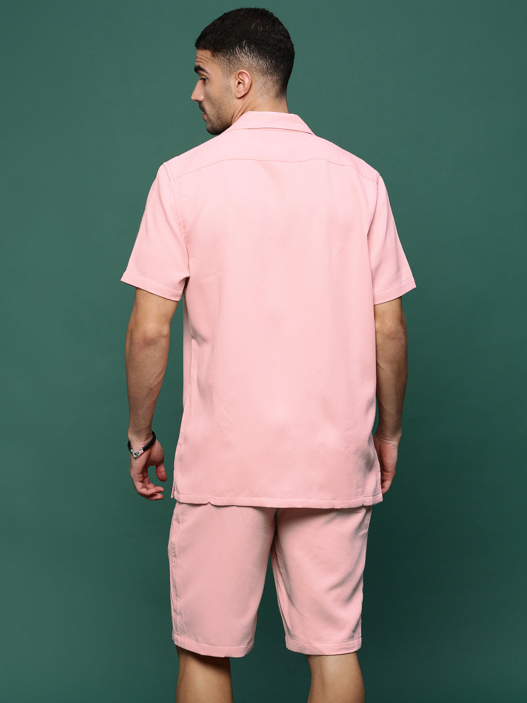 Men Pink Cuban Collar Solid Co Ords Set