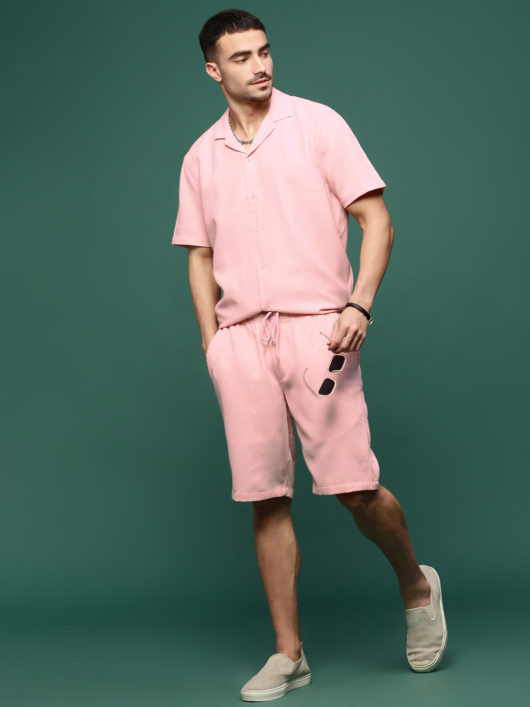 Men Pink Cuban Collar Solid Co Ords Set