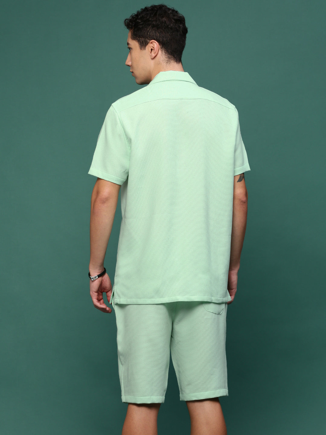 Men Sea Green Cuban Collar Solid Co Ords Set