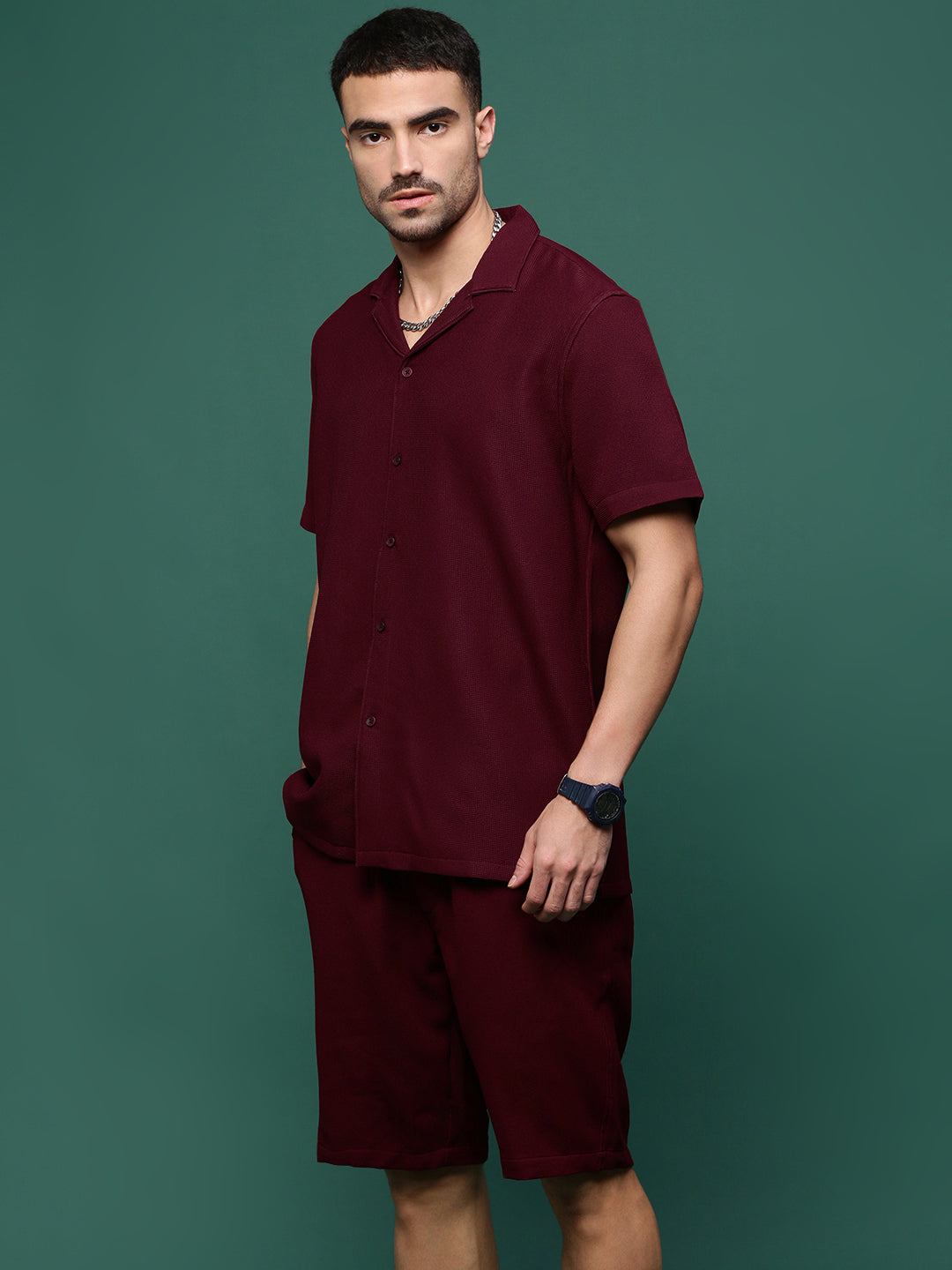 Men Maroon Cuban Collar Solid Co Ords Set