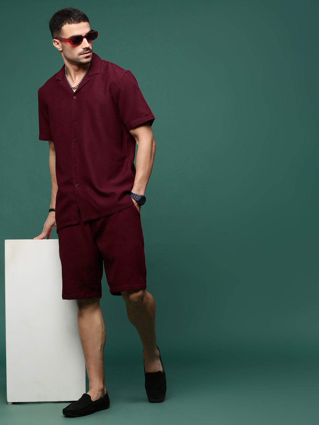 Men Maroon Cuban Collar Solid Co Ords Set