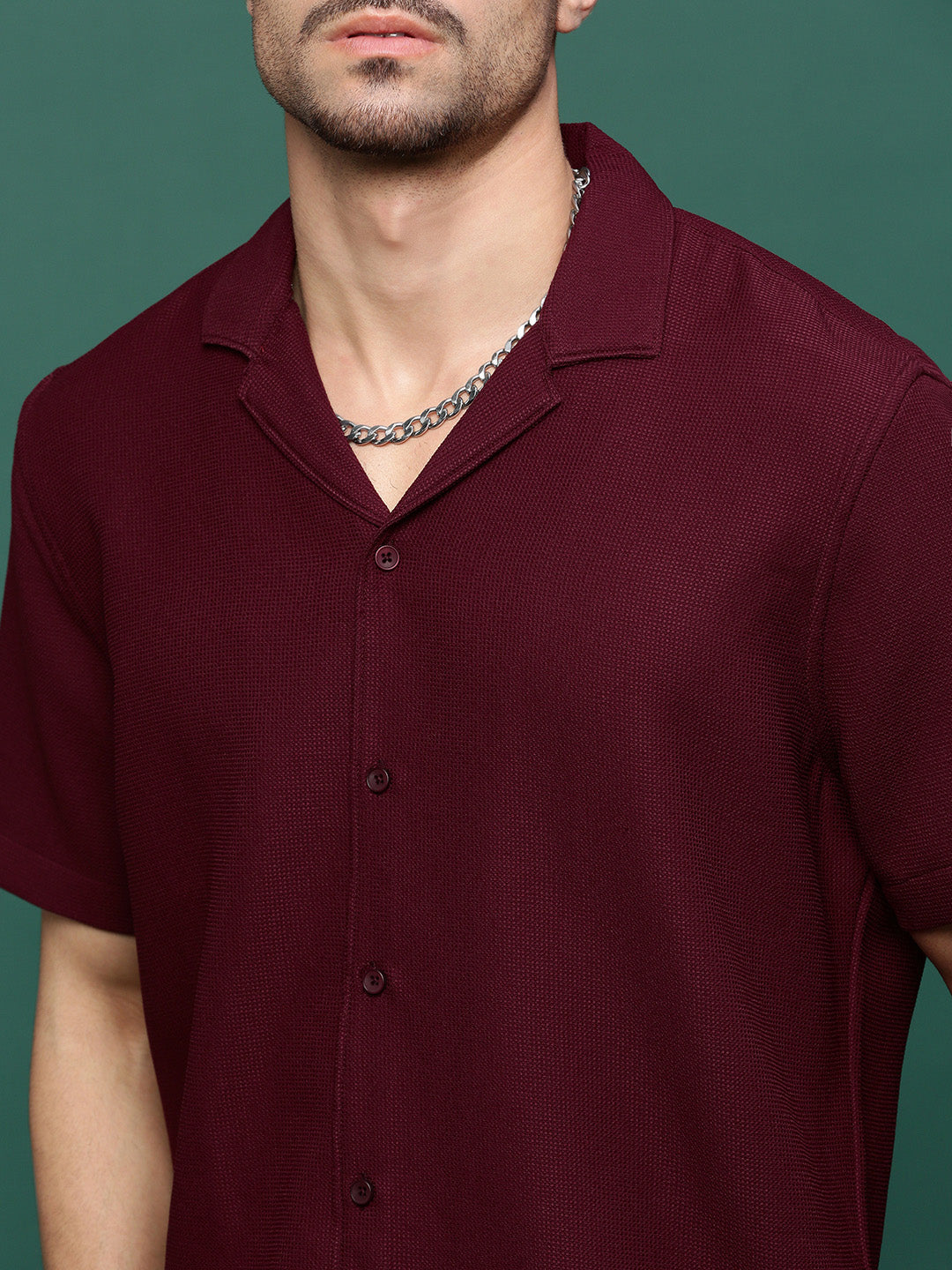 Men Maroon Cuban Collar Solid Co Ords Set