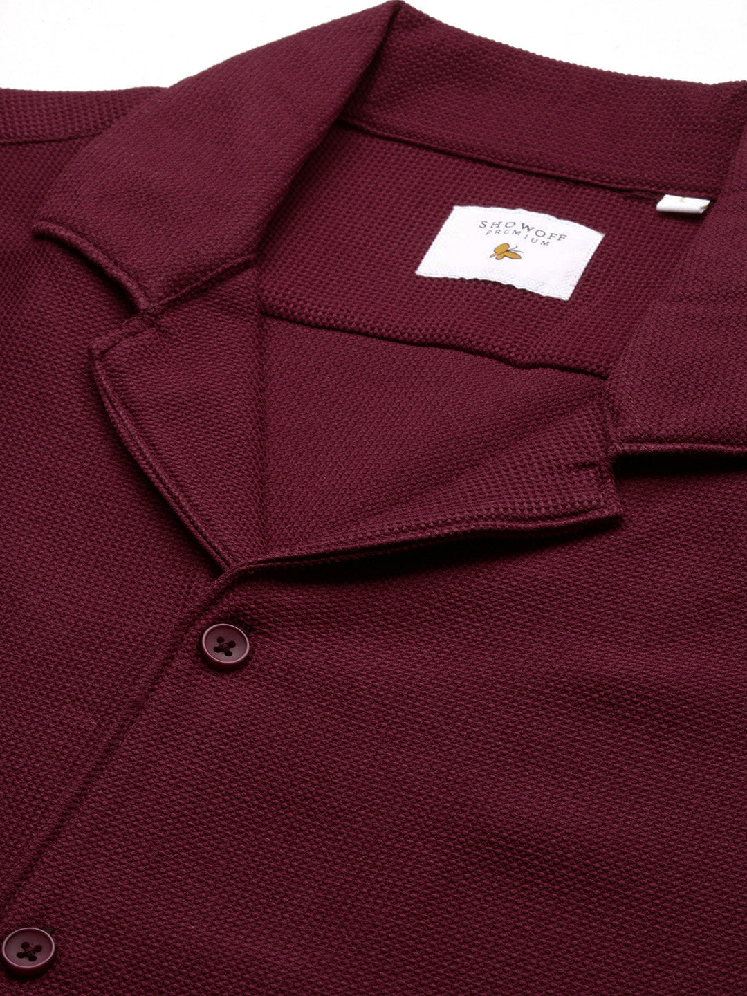 Men Maroon Cuban Collar Solid Co Ords Set