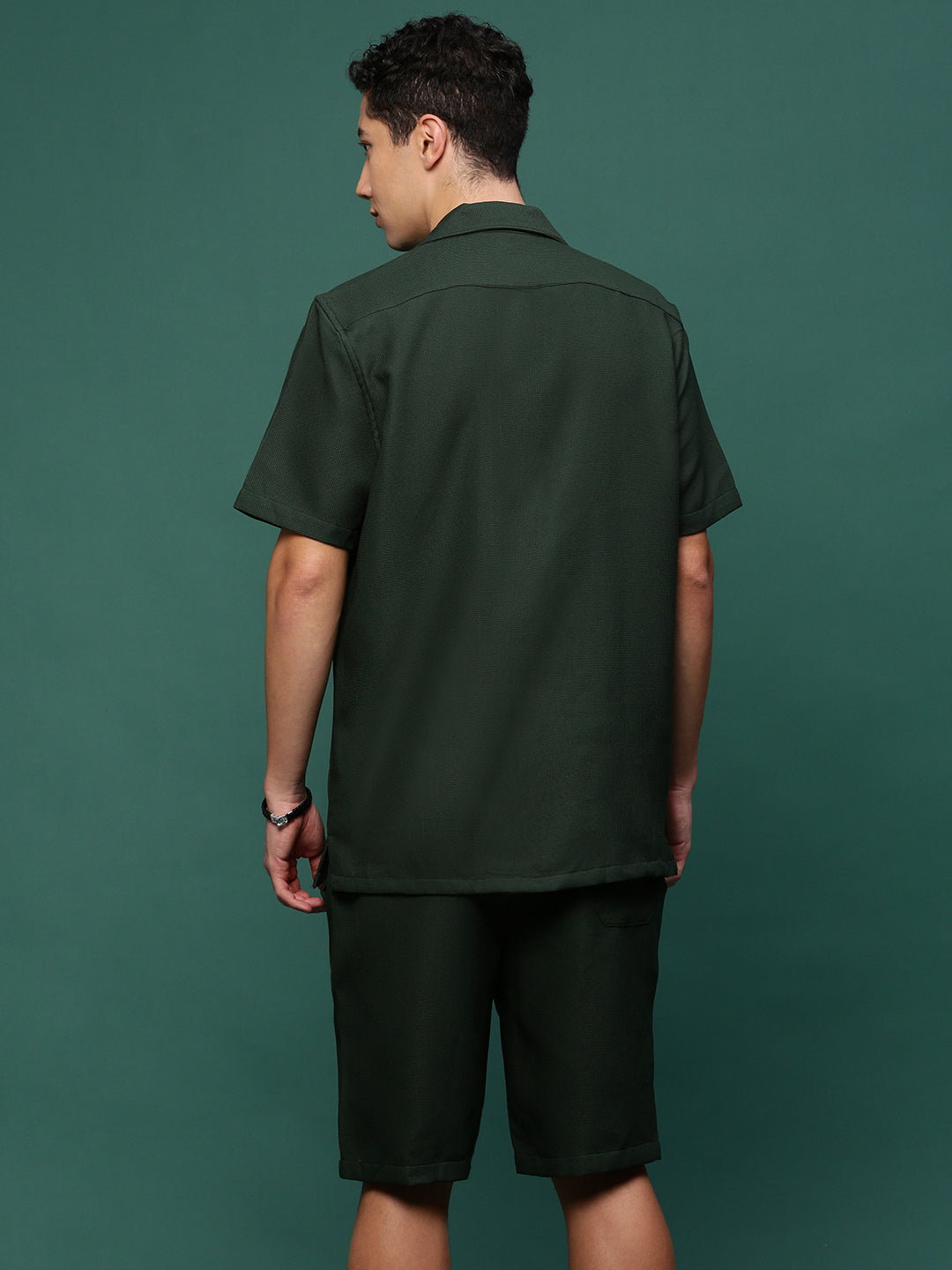 Men Green Cuban Collar Solid Co Ords Set